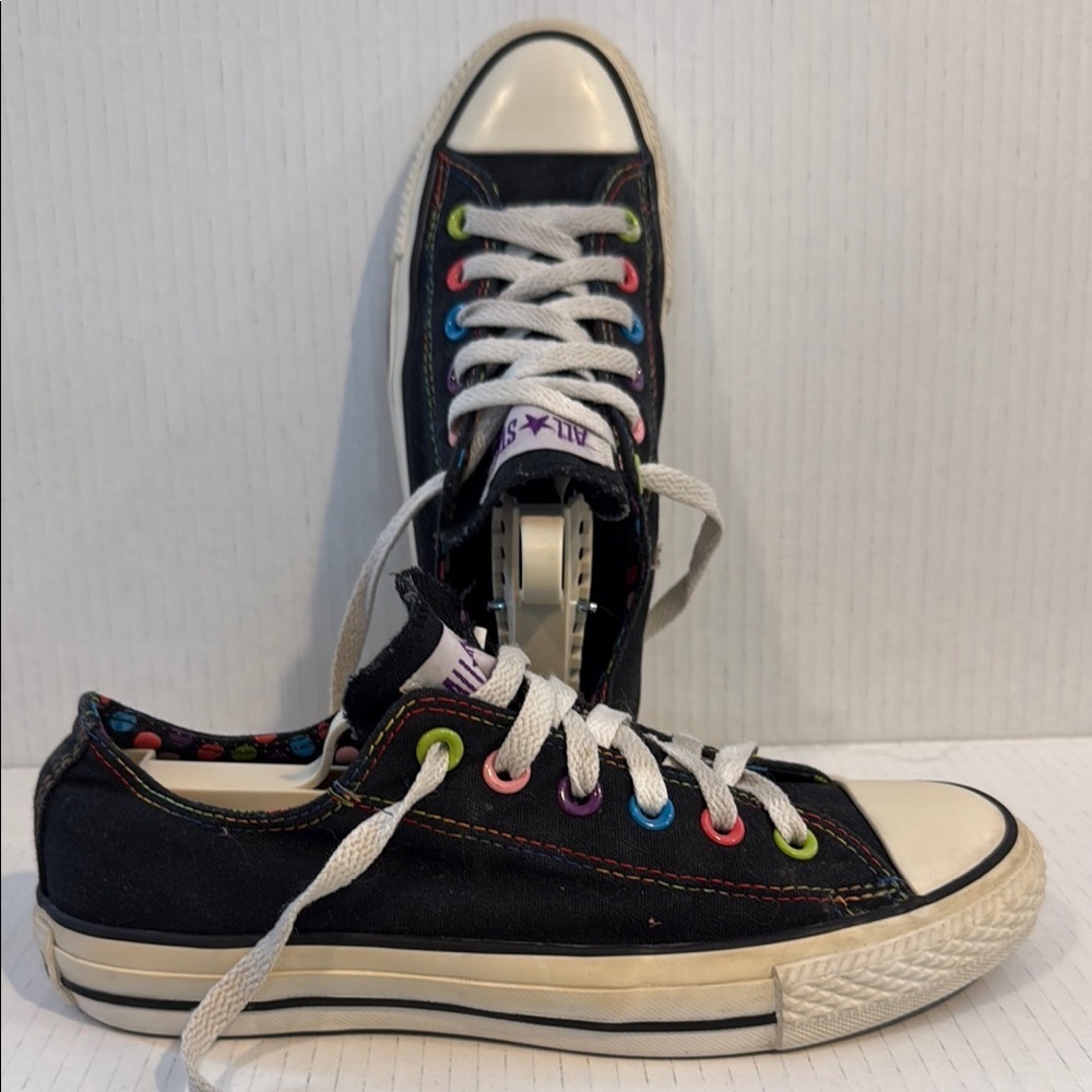 Converse Black Sneakers with Rainbow Eyelets (sz 7) - Picture 2 of 6